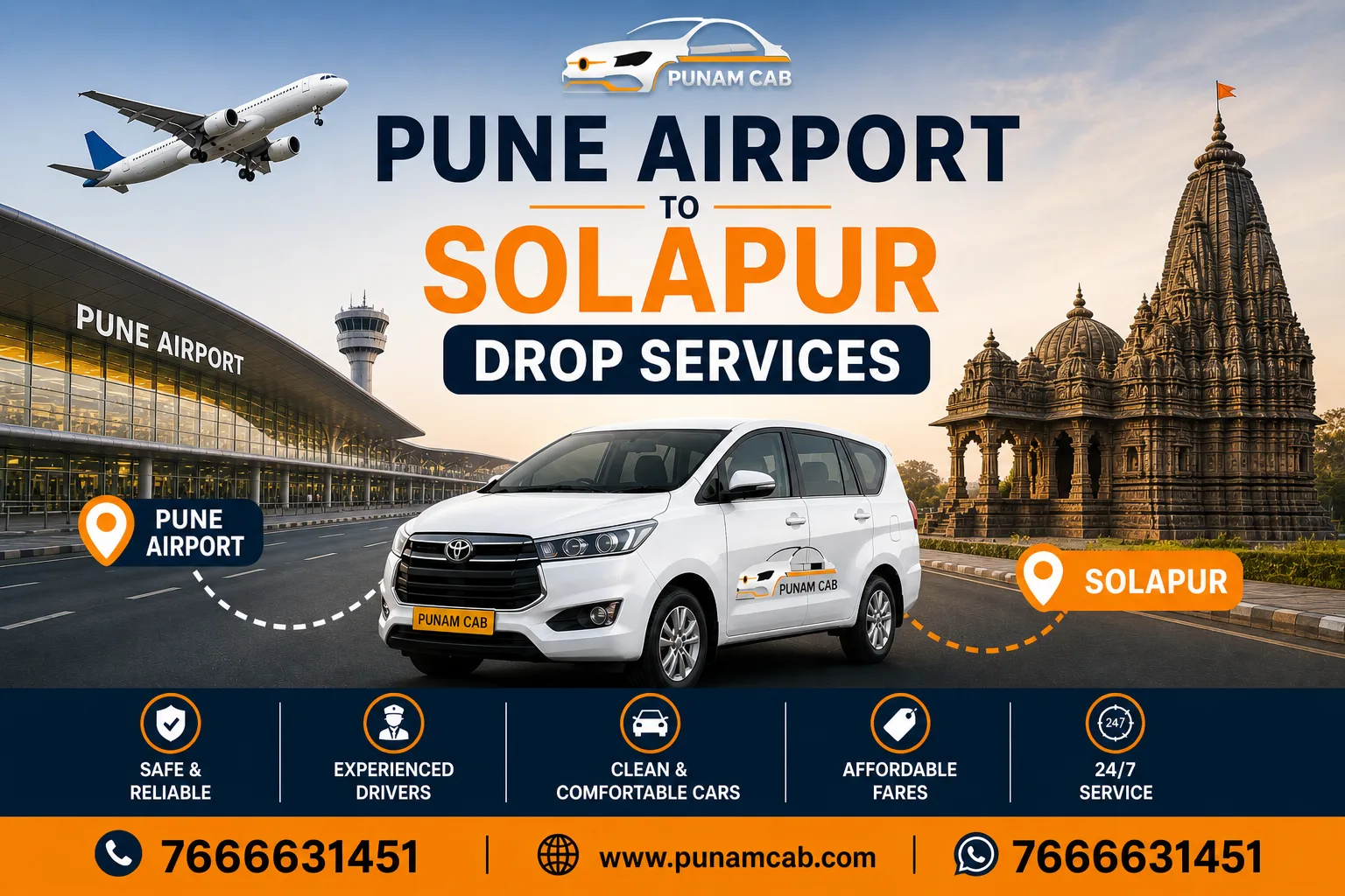 Pune Airport to Solapur Cab